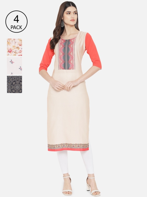 

7Threads Woman Pack of 4 Multicoloured Geometric Printed Crepe Kurta, Multi