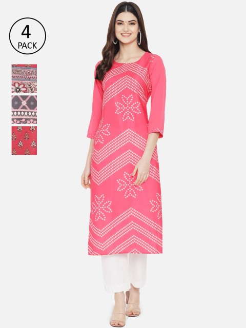 

7Threads Women Multicoloured Set of 4 Ethnic Motifs Printed Crepe Kurta, Multi