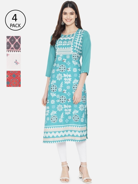 

7Threads Women Blue & Pink Pack Of 4 Digital Print Straight Kurta