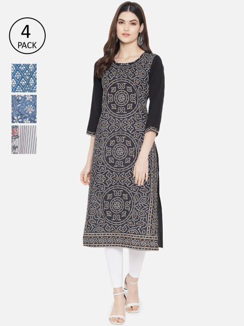 

7Threads Women Multicoloured Set of 4 Ethnic Motifs Printed Crepe Kurta, Multi