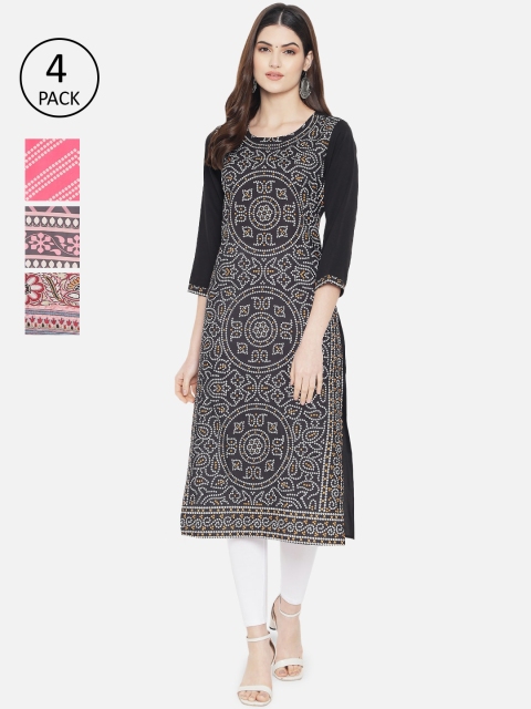 

7Threads Women Multicoloured Set Of 4 Geometric Printed Crepe Kurta, Multi