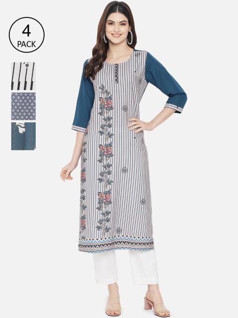 

7Threads Women Multicoloured Set of 4 Ethnic Motifs Printed Crepe Kurta, Multi