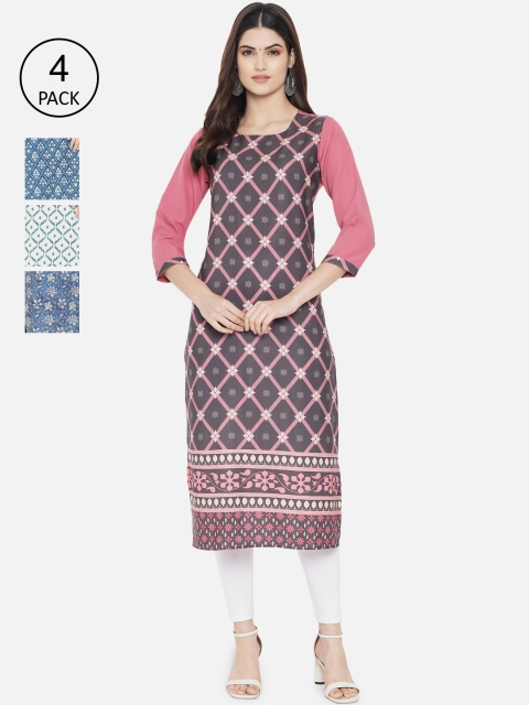

7Threads Women Multicoloured Ethnic Motifs Printed Crepe Kurta Set Of 4, Multi