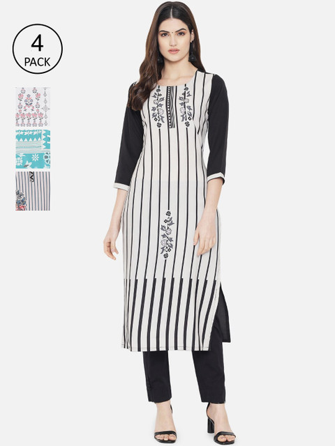 

7Threads Women Multicoloured Set of 4 Ethnic Motifs Printed Crepe Kurta, Multi
