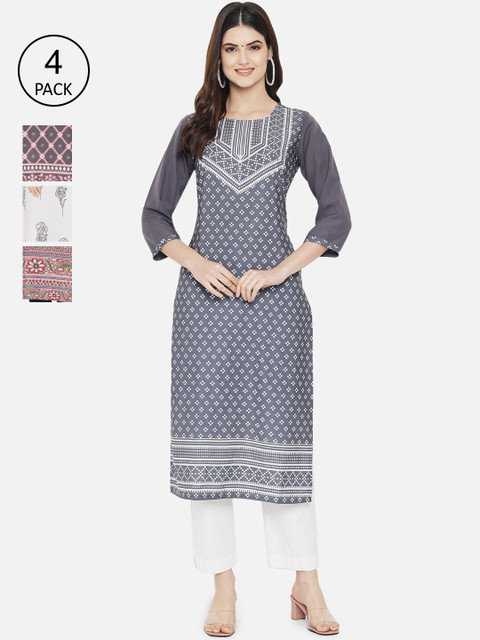 

7Threads Women Multicoloured Ethnic Motifs Printed Crepe Kurta Pack Of 4, Multi