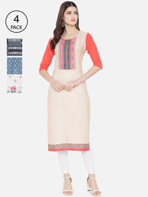 

7Threads Women Pack of 4 Multicoloured Ethnic Motifs Printed Crepe Kurta, Multi