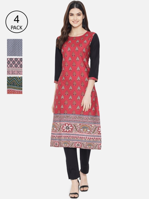 

7Threads Women Pack Of 4 Ethnic Motifs Printed Crepe Kurta, Red