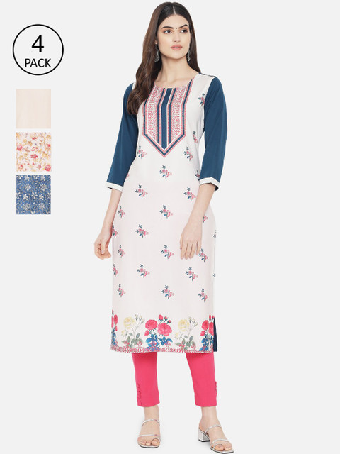 

7Threads Women Multicoloured Pack of 4 Floral Printed Crepe Kurta, Multi