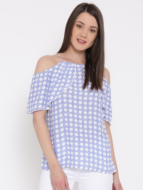 

Vero Moda Women Blue Printed Cold Shoulder Top