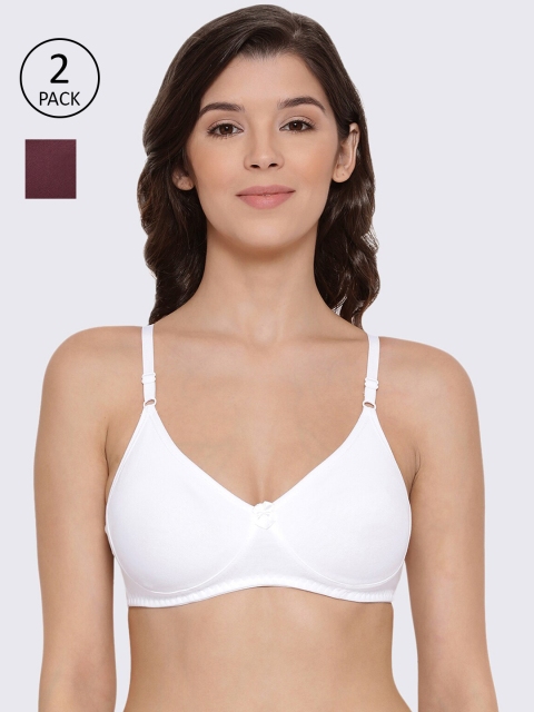 

LYRA Pack Of 2 White & MaroonSolid Non-Wired Non Padded T-Shirt Bra