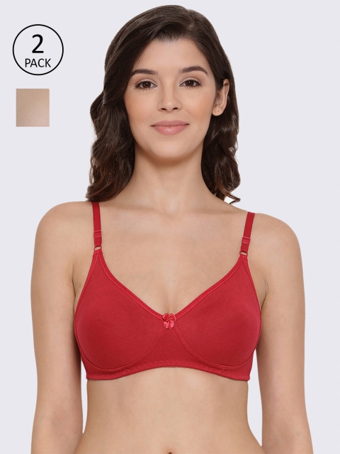 

LYRA Pack Of 2 Red & Beige Solid Non-Wired Non Padded T-Shirt Bra