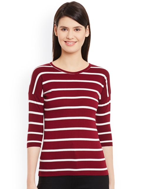

Hypernation Women Maroon & White Striped Round Neck Slim T-shirt
