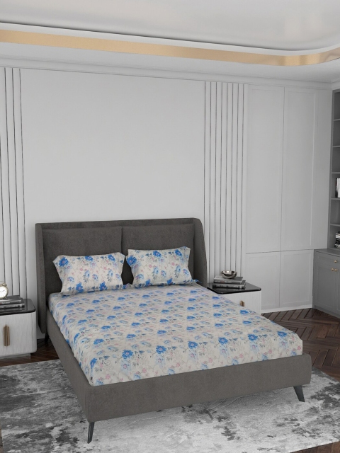 

LABHAM Blue & Grey Floral 180 TC King Bedsheet with 2 Pillow Covers