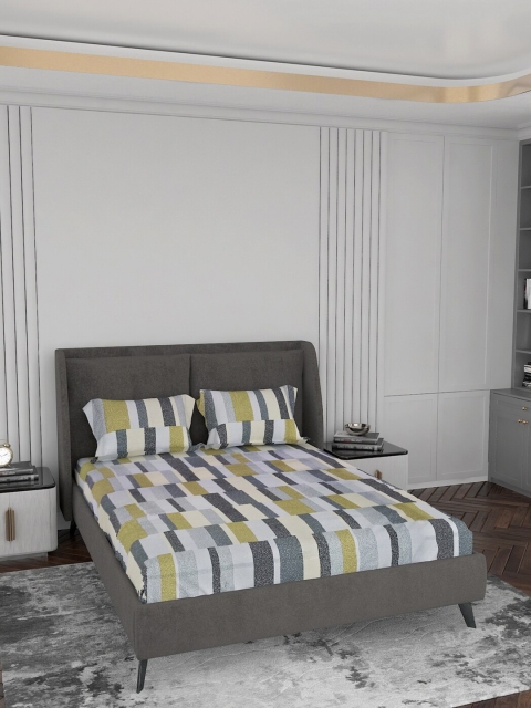 

LABHAM Grey & Cream-Coloured Geometric 180 TC King Bedsheet with 2 Pillow Covers