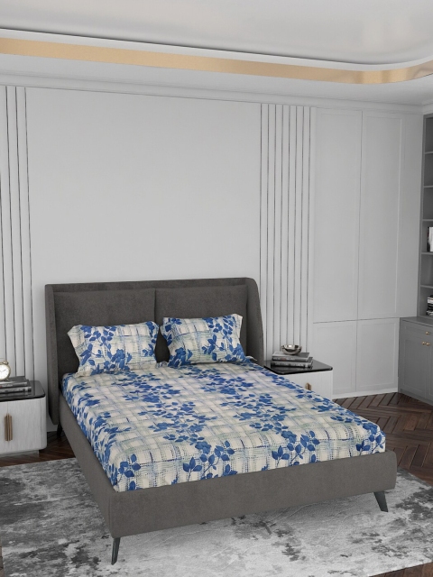 

LABHAM Blue & Beige Floral 180 TC King Cotton Bedsheet with 2 Pillow Covers