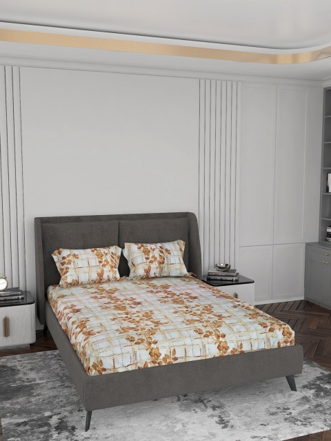 

LABHAM Brown & White Floral 180 TC King Cotton Bedsheet with 2 Pillow Covers