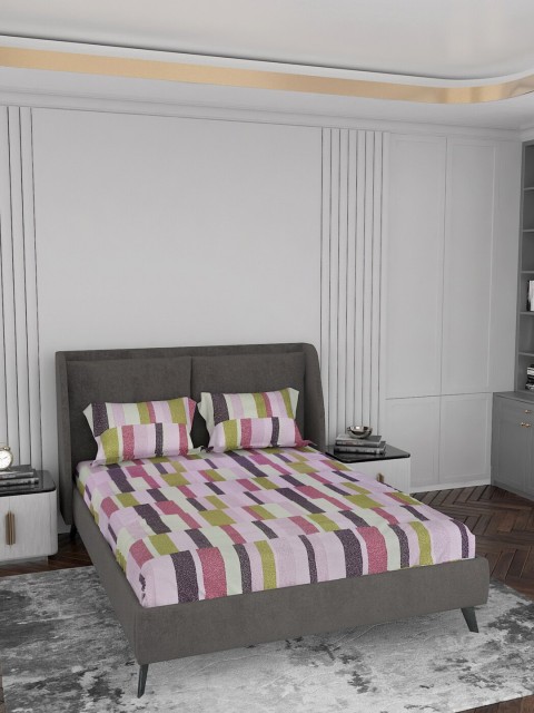 

LABHAM Pink & Green Geometric 180 TC King Bedsheet with 2 Pillow Covers