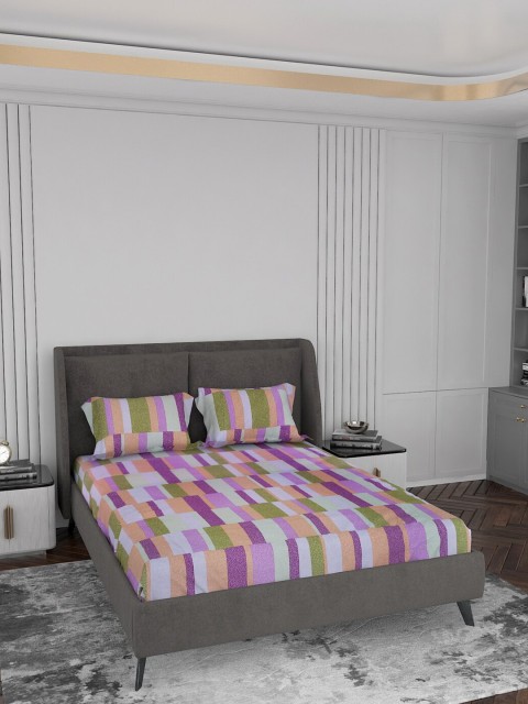 

LABHAM Purple & Green Geometric 180 TC King Cotton Bedsheet with 2 Pillow Covers
