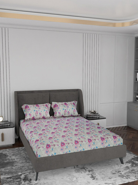 

LABHAM Pink & Grey Floral 180 TC King Bedsheet with 2 Pillow Covers