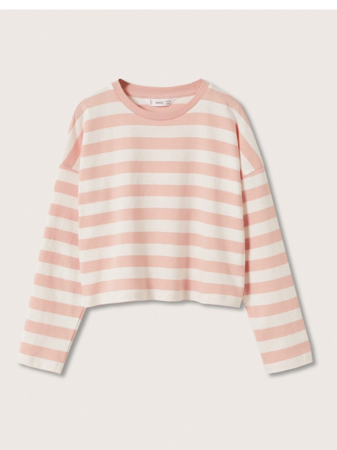 

Mango Kids Girls White & Peach-Coloured Striped Drop-Shoulder Sleeves Pure Cotton T-shirt