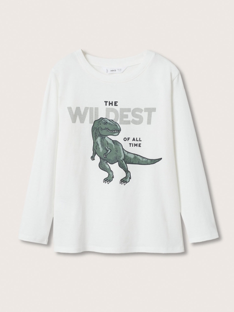 

Mango Kids Boys White & Olive Green Dinosaur Print Pure Cotton T-shirt