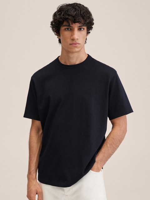MANGO MAN Navy Blue Solid Pure Cotton Relaxed Fit T-shirt