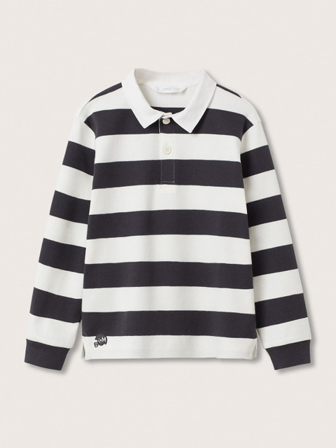 

Mango Kids Boys White & Black Striped Pure Cotton Polo Collar T-shirt