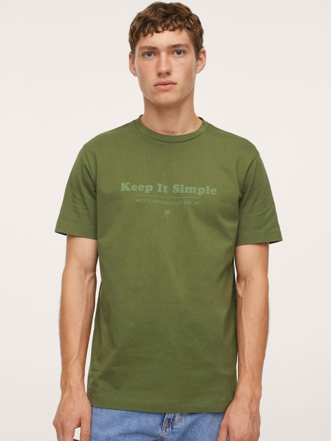 

MANGO MAN Olive Green Typography Printed Pure Cotton T-shirt