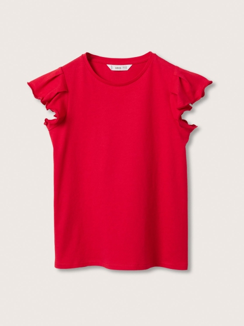 

Mango Kids Girls Red Solid Pure Cotton Flutter Sleeves Top