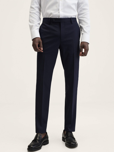 

MANGO MAN Navy Blue Herringbone Weaved Slim Fit Formal Trousers