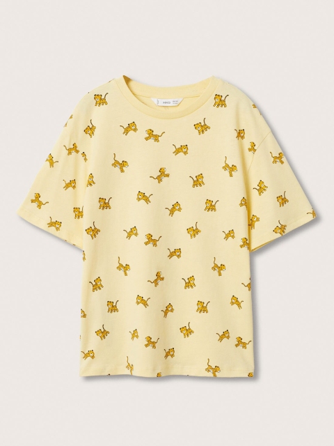 

Mango Kids Boys Yellow Tiger Print Drop-Shoulder Sleeves Pure Cotton T-shirt