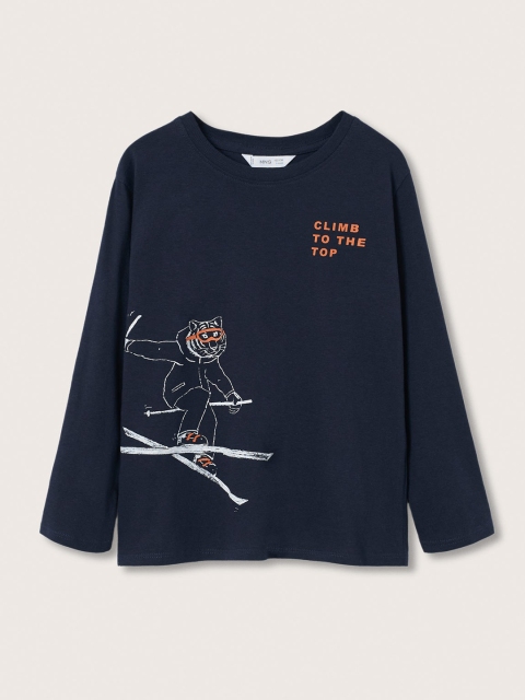 

Mango Kids Boys Navy Blue & White Printed Pure Cotton T-shirt