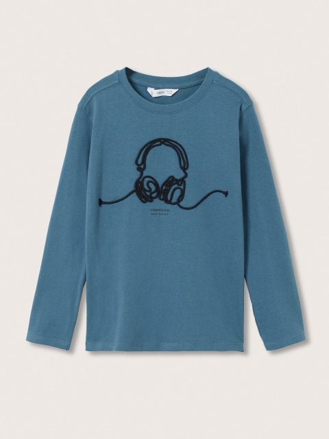 

Mango Kids Boys Blue & Black Headphone Embroidered Pure Cotton T-shirt