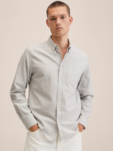 

MANGO MAN White & Olive Green Bengal Stripes Pure Cotton Casual Shirt