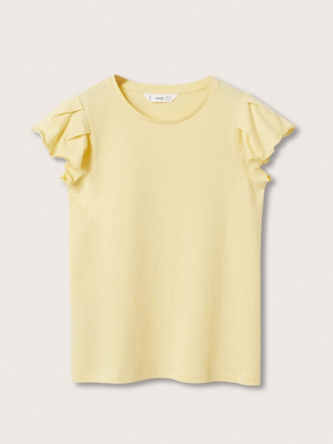 

Mango Kids Girls Yellow Solid Pure Cotton Flutter Sleeves Top