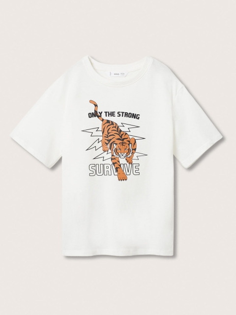 

Mango Kids Boys White & Brown Tiger Print Drop-Shoulder Sleeves Pure Cotton T-shirt