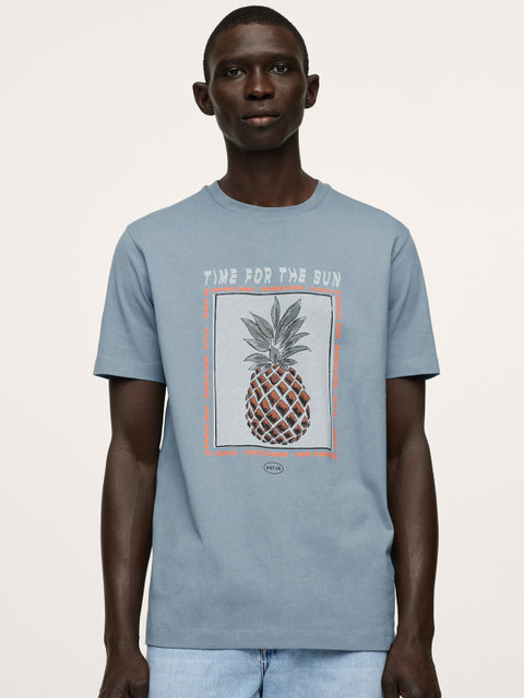

MANGO MAN Blue Typography Printed Pure Cotton T-shirt