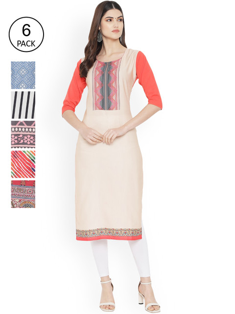 

Ethnic basket Women Multicoloured Striped Thread Work Floral Crepe Kurta, Multi