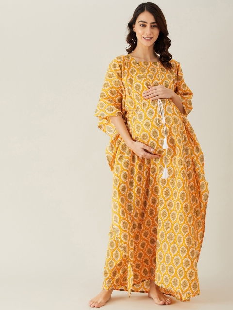 

The Kaftan Company Yellow Ethnic Motifs Printed Pure Cotton Maternity Kaftan Nightdress