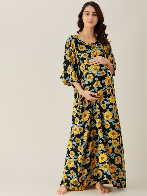 

The Kaftan Company Black & Yellow Floral Printed Maxi Maternity Nightdress