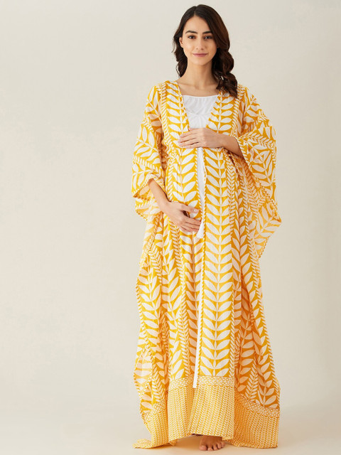 

The Kaftan Company White Printed Maternity and Feeding Maxi Cotton Nightdress