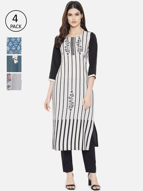 

1 Stop Fashion Women Pack of 4 Black & White Printed Crepe Kurta