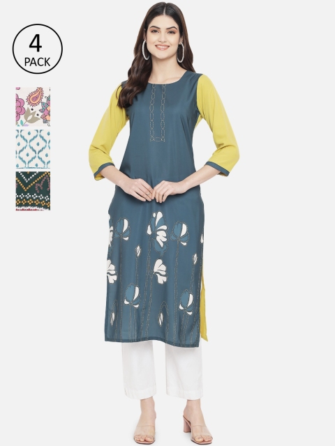 

1 Stop Fashion Women Multicoloured Pack of 4 Floral Printed Crepe Kurta, Multi