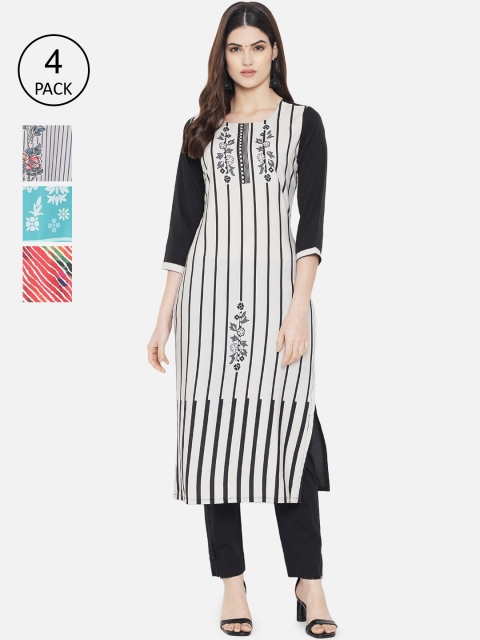 

1 Stop Fashion Women Multicoloured Striped Mirror Work Crepe Kurta, Multi