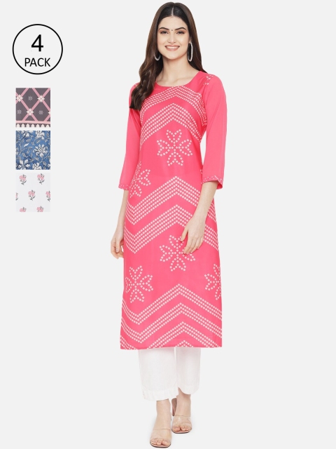 

1 Stop Fashion Women Pack of 4 Multicoloured Printed Crepe Straight Kurta, Multi