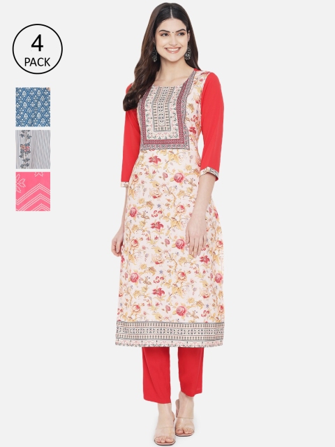 

1 Stop Fashion Women Red & Pink Pack Of 4 Print Straight Kurta