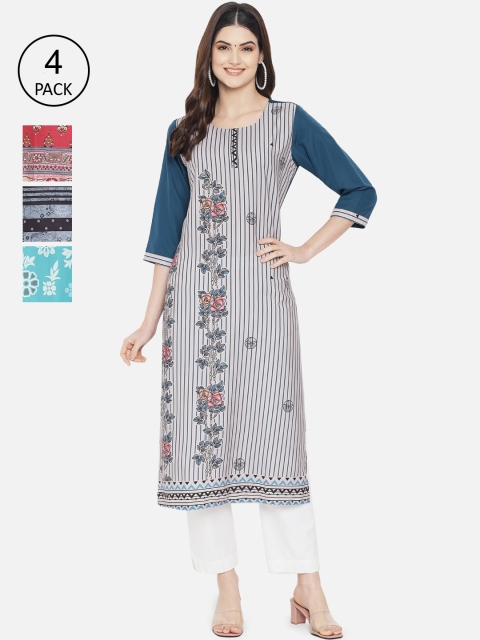 

1 Stop Fashion Women Pack of 4 Ethnic Motifs Printed Floral Crepe Kurta, Multi