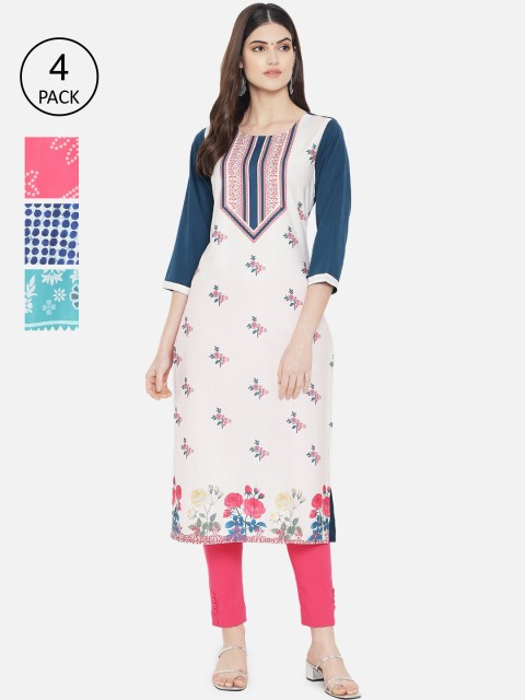 

1 Stop Fashion Women Multicoloured Ethnic Motifs Printed Crepe Kurta Pack Of 4, Multi