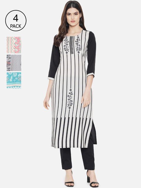 

1 Stop Fashion Women Pack of 4 Multicoloured Geometric Printed Crepe Kurta, Multi