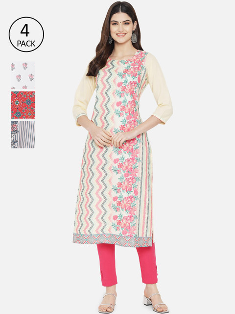 

1 Stop Fashion Women Multicoloured Set Of 4 Ethnic Motifs Printed Crepe Kurta, Multi